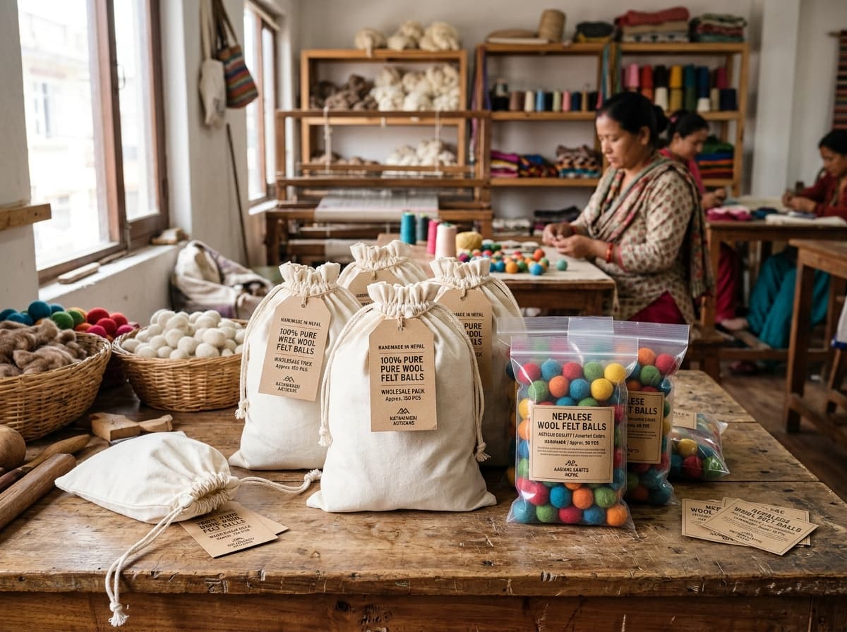 Wholesale packaging of colorful handmade wool felt balls in eco-friendly cotton drawstring bags and retail bags in artisan workshop in Nepal