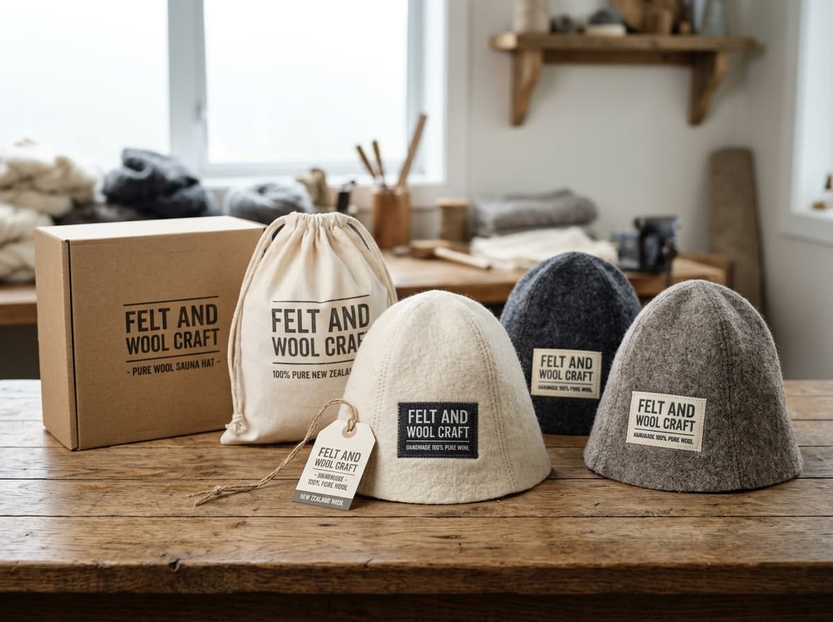 Felt and Wool Craft custom private label wool felt sauna hats with embroidered brand logos, organic cotton dust bag, and retail packaging