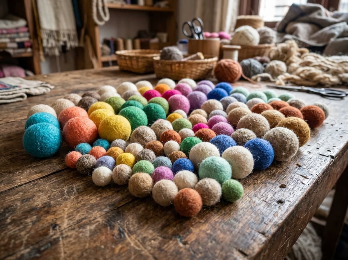 Handcrafted 100% pure wool felt balls in assorted vibrant Pantone colors and natural earth tones manufactured in Kathmandu Nepal