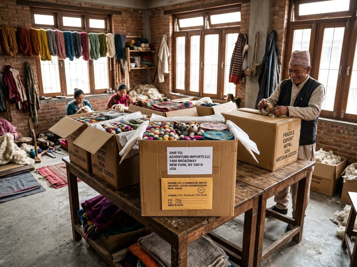 Export shipment of handmade wool felt products in Kathmandu Nepal artisan workshop prepared for United States delivery