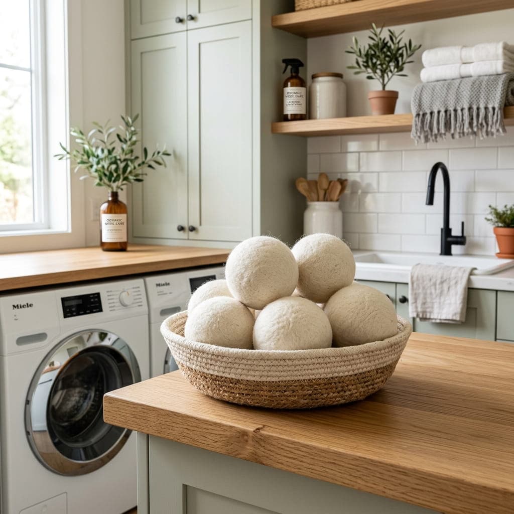Premium wool dryer balls in a modern laundry room