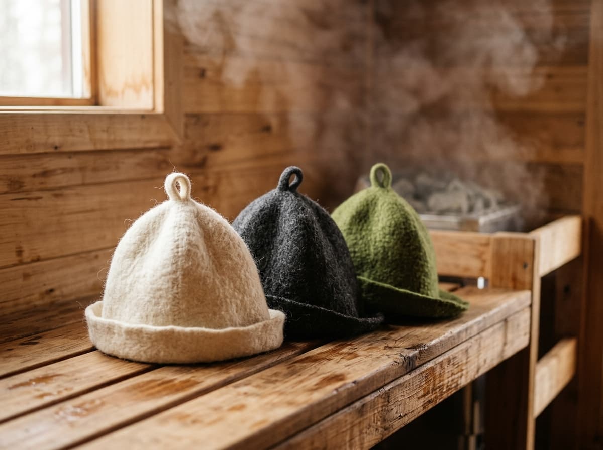 Handcrafted 100% pure wool felt sauna hats in natural cream, charcoal, and moss green in authentic sauna room