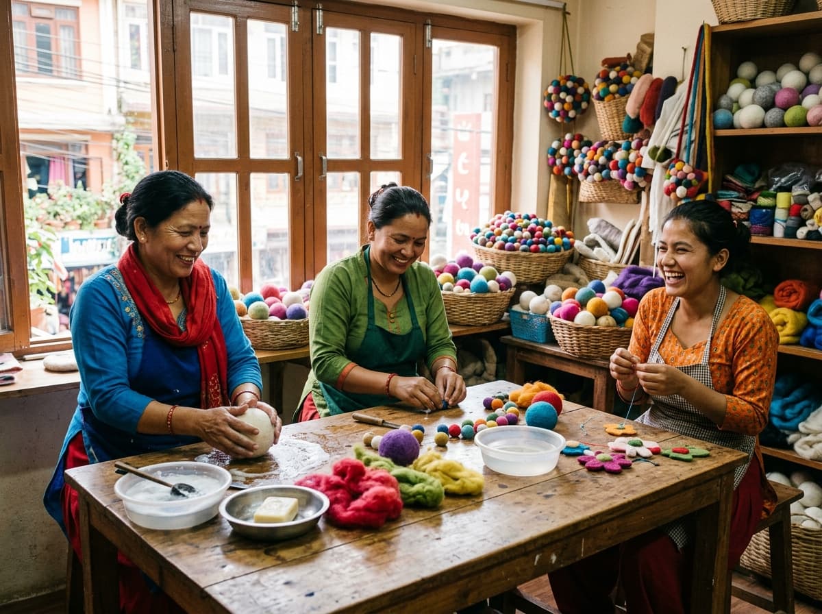 Artisan women wet-felting and shaping handmade wool products in Kathmandu Nepal