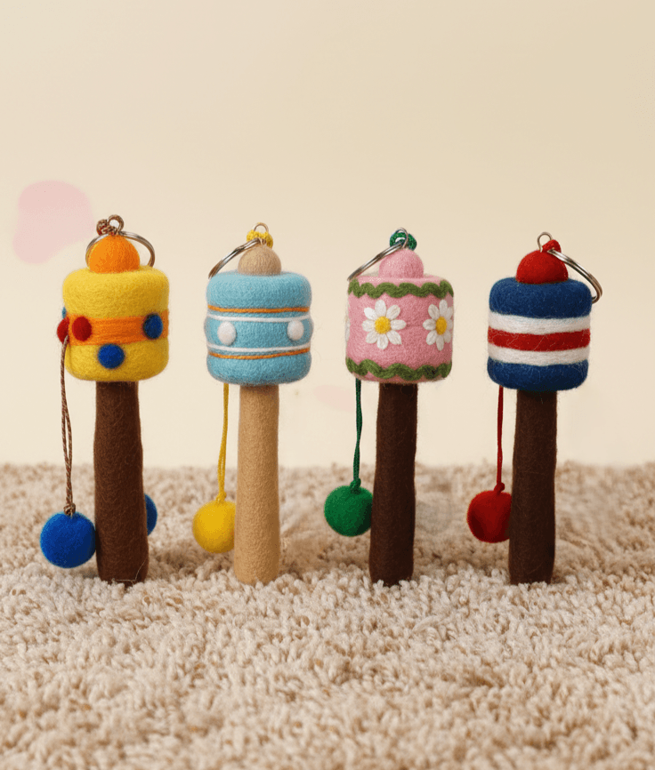 Felt Prayer Wheel Keyring - "Om Mani" Inspired Charm - Handmade Felt Product from Nepal