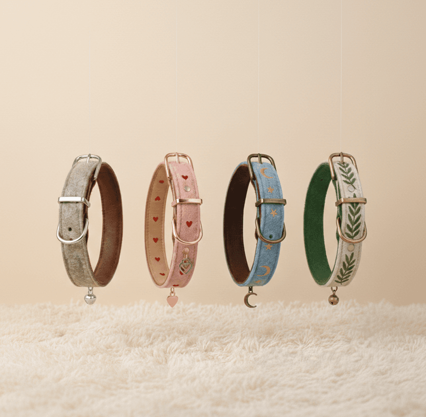 Embroidered Felt Pet Collar - Soft Wool & Leather-Backed Comfort - Handmade Felt Product from Nepal