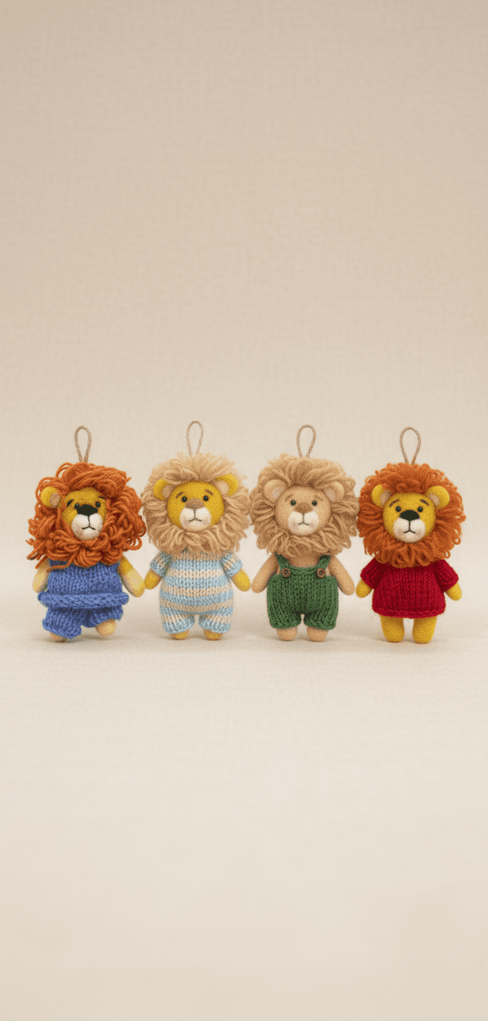 Handcrafted Miniature Felt Lions in Knitted clothes - Handmade Felt Product from Nepal