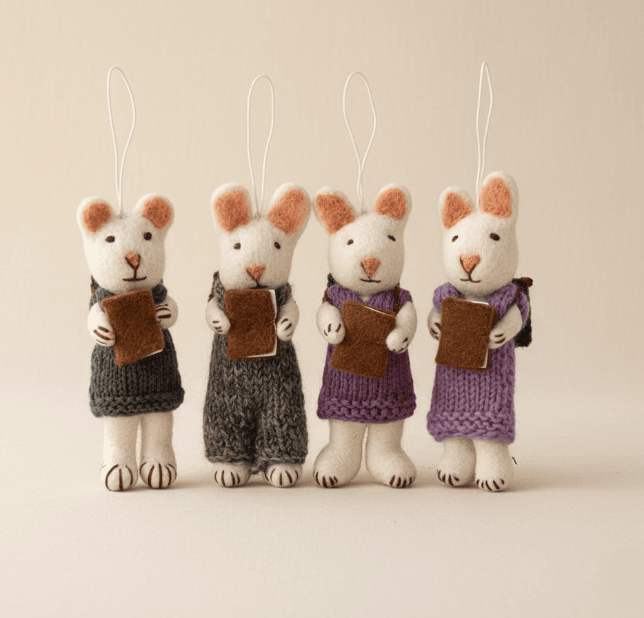 The Little Scholars Hand-Felted Mice with Miniature Book - Handmade Felt Product from Nepal