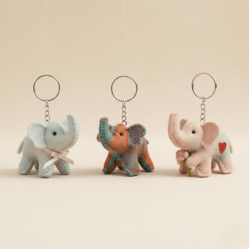 Hand Stitched Felt Elephant Keychain - Handmade Felt Product from Nepal