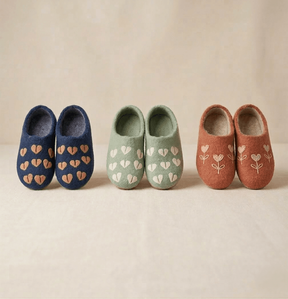 Heart & Floral Collection slippers - Handmade Felt Product from Nepal