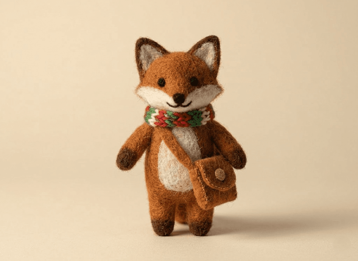 Woodland Fox with Scarf and Satchel - Handmade Felt Product from Nepal