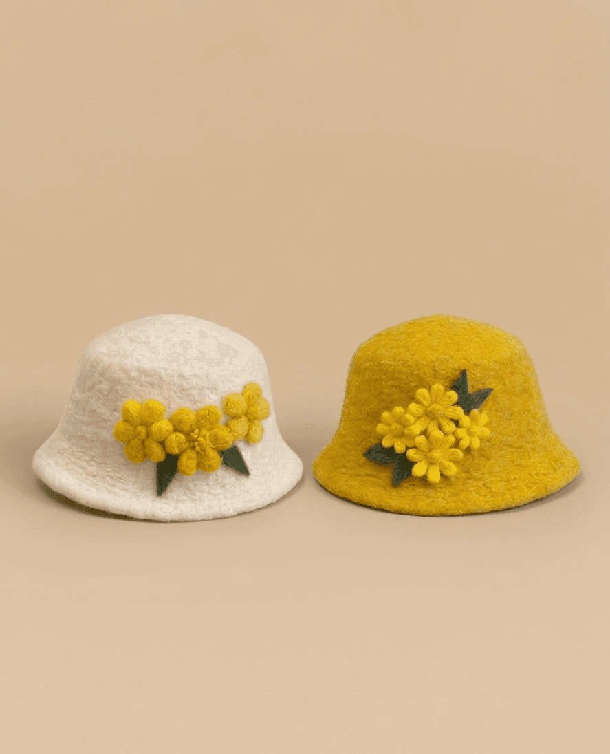 Handmade Felt Bucket Hat - 3D Floral Spring Accessory - Handmade Felt Product from Nepal