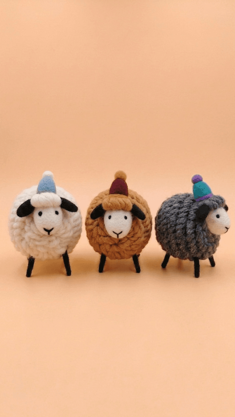 Chunky Woolly Sheep – Hand-Felted Miniature with Pom-Pom Beanie - Handmade Felt Product from Nepal