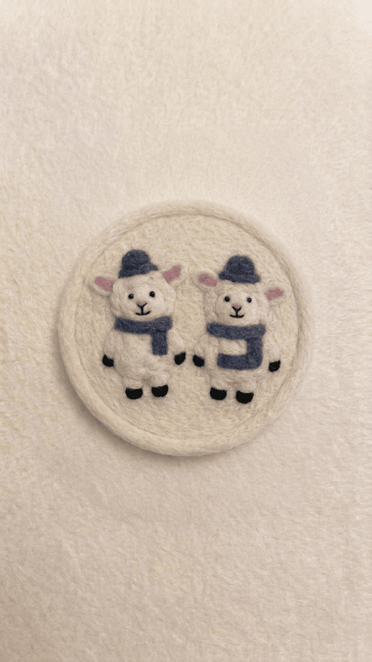 Handmade Felt Coaster with Twin Lambs in Winter Scarves - Handmade Felt Product from Nepal