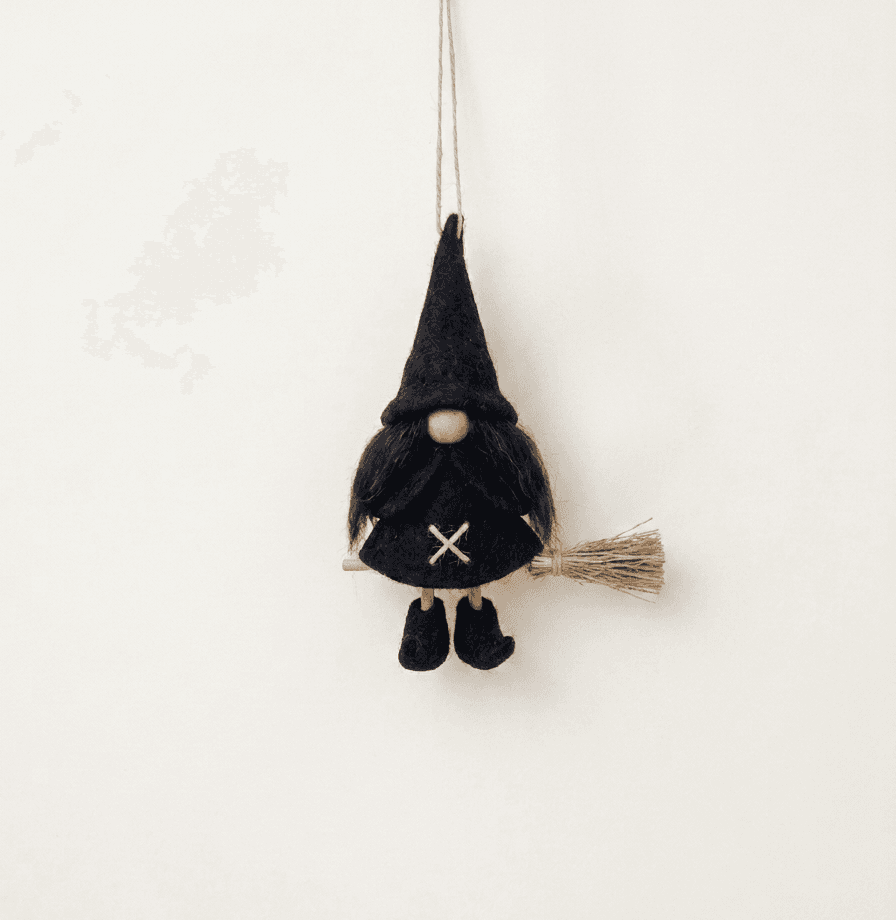 Witch Gnome Hanging Ornament with Broomstick - Handmade Felt Product from Nepal