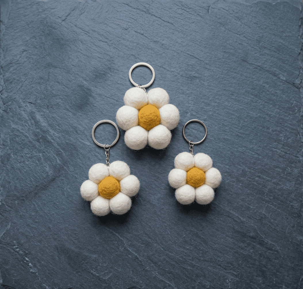 Felt Daisy Flower Ball Keychain - Handmade Felt Product from Nepal