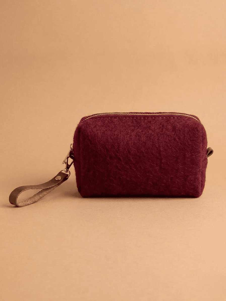 Classic Felt Utility Pouch with Leather Wristlet - Handmade Felt Product from Nepal