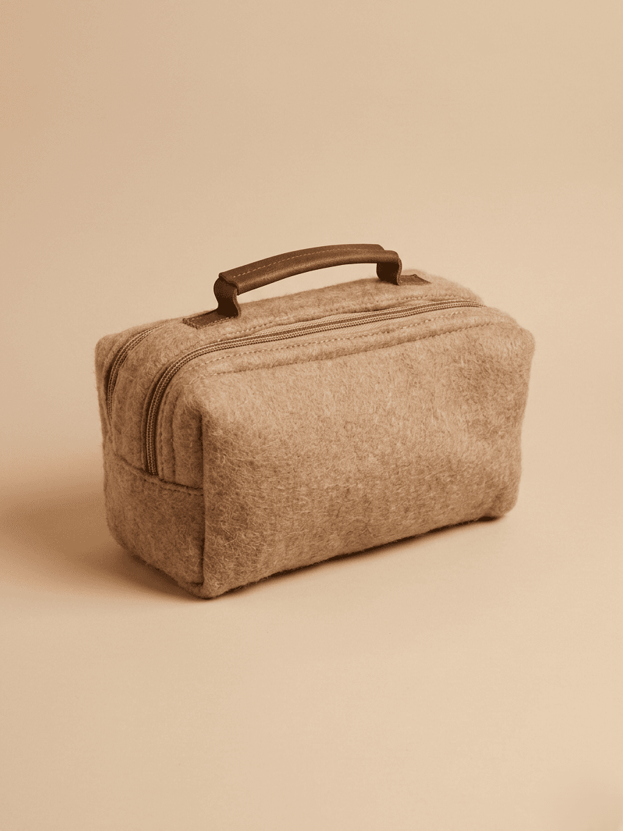 Double Zipper Felt Toiletry Bag with Leather Top Handle - Handmade Felt Product from Nepal