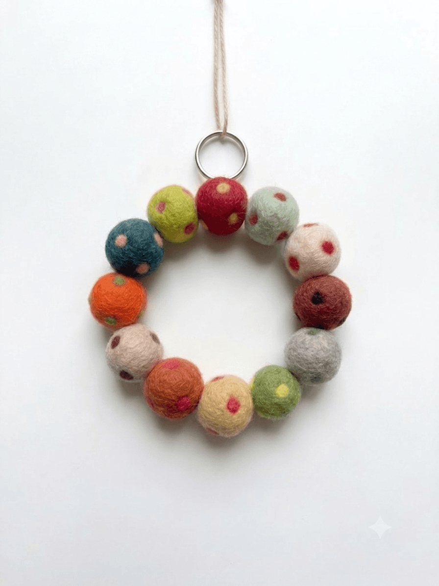 Mini Polka Dot Felt Ball Wreath Ornament - Handmade Felt Product from Nepal