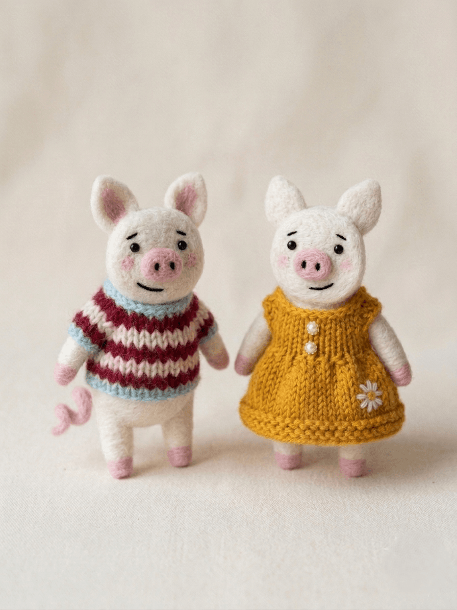 Felted Pig Figurines in Knit Outfits - Handmade Felt Product from Nepal