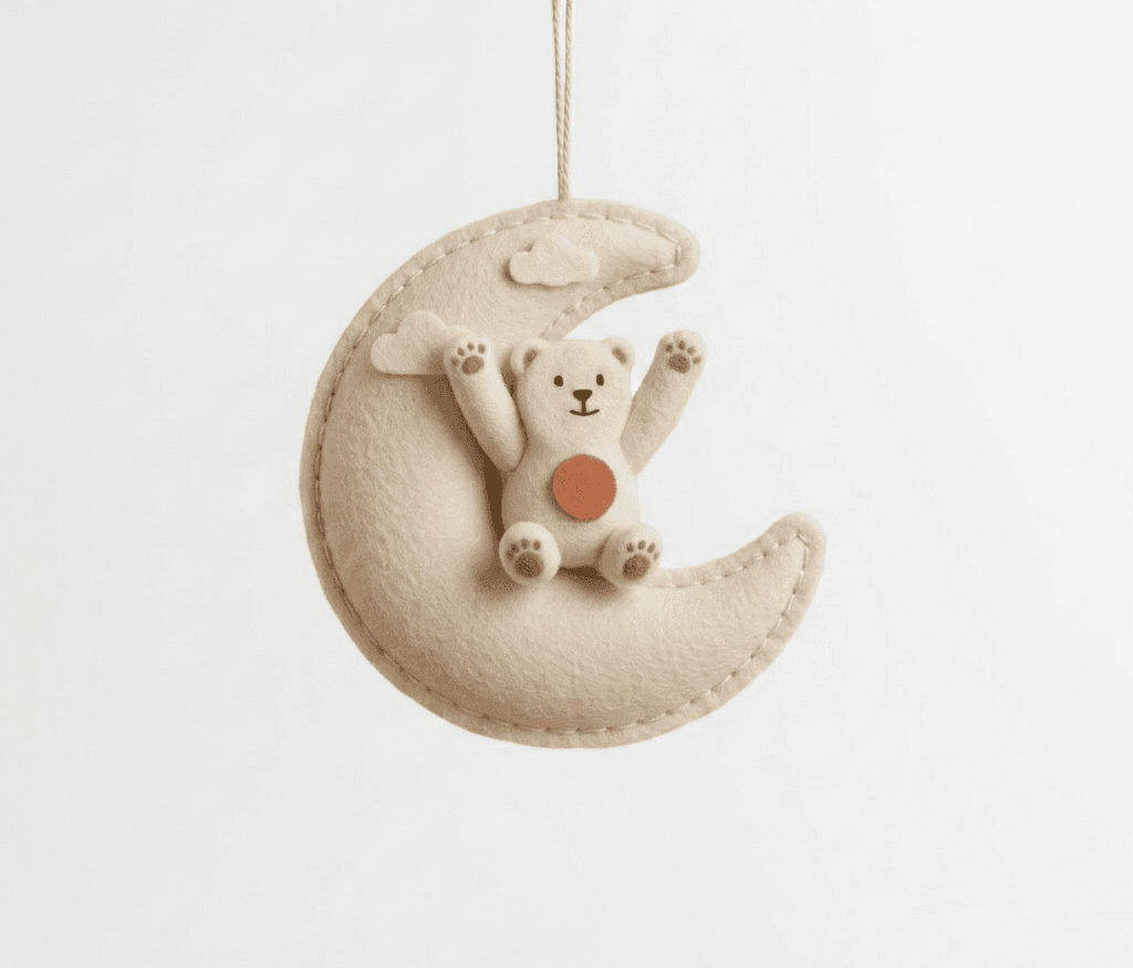 Felt Bear on Crescent Moon Hanging Ornament - Handmade Felt Product from Nepal
