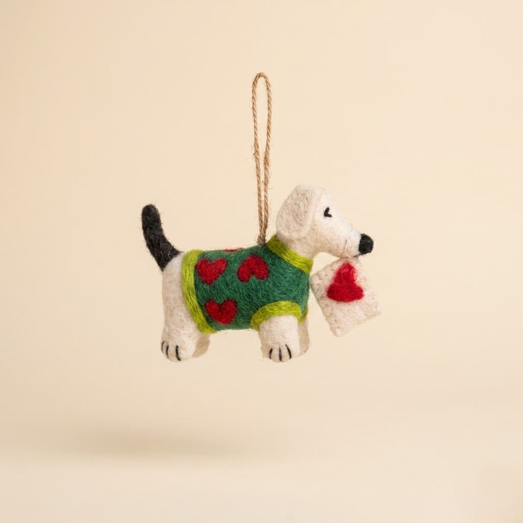 Puppy with Love Letter Hanging Ornament - Handmade Felt Product from Nepal