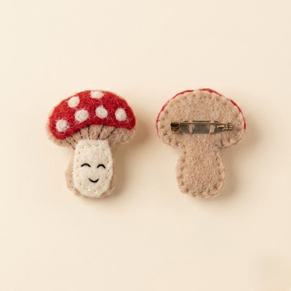 Mushroom Character Brooch Pin - Handmade Felt Product from Nepal