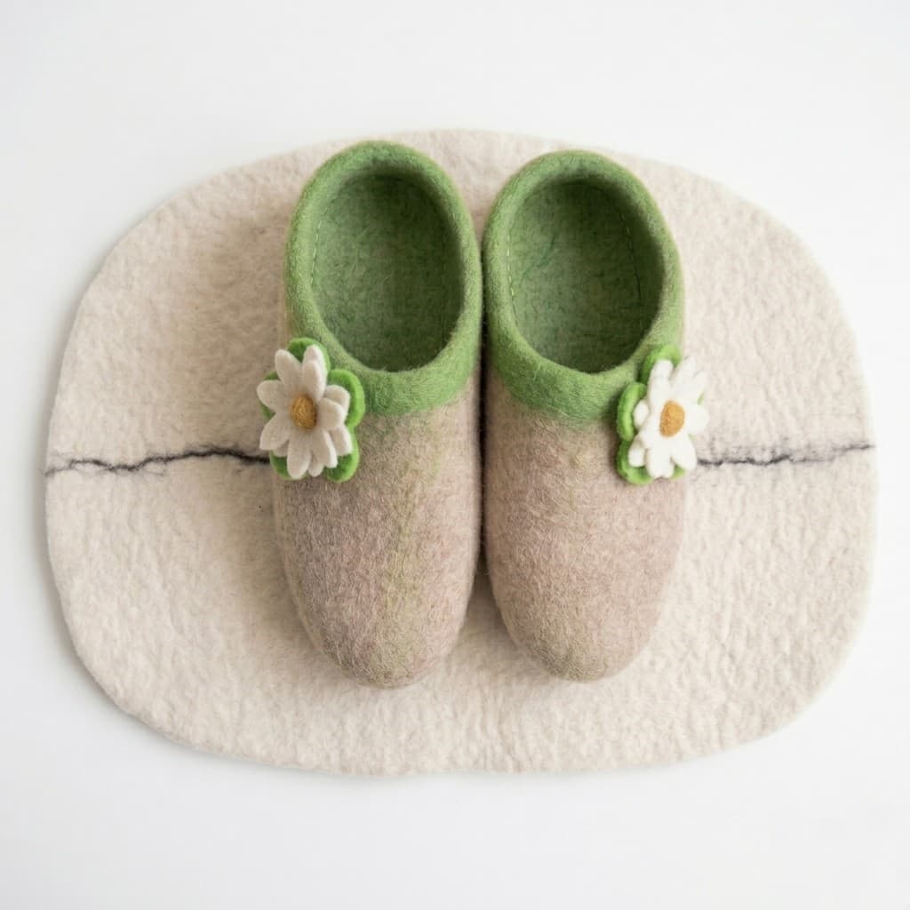 Felt Indoor Slippers with Daisy Flower Accents - Handmade Felt Product from Nepal