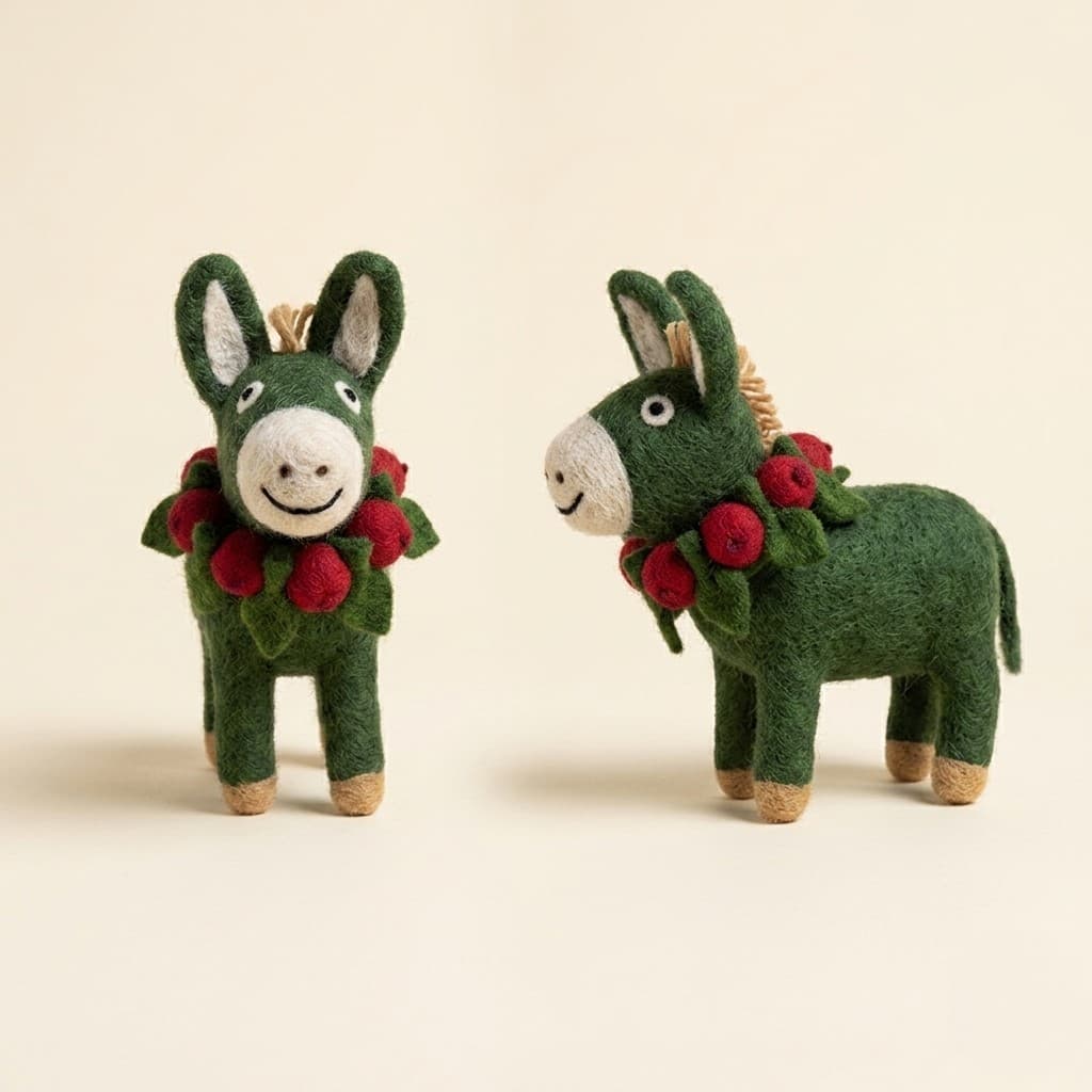 Donkey with Berry Wreath Figurine - Handmade Felt Product from Nepal