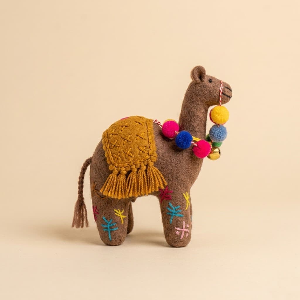 Camel Figurine with Pom-Poms and Saddle - Handmade Felt Product from Nepal
