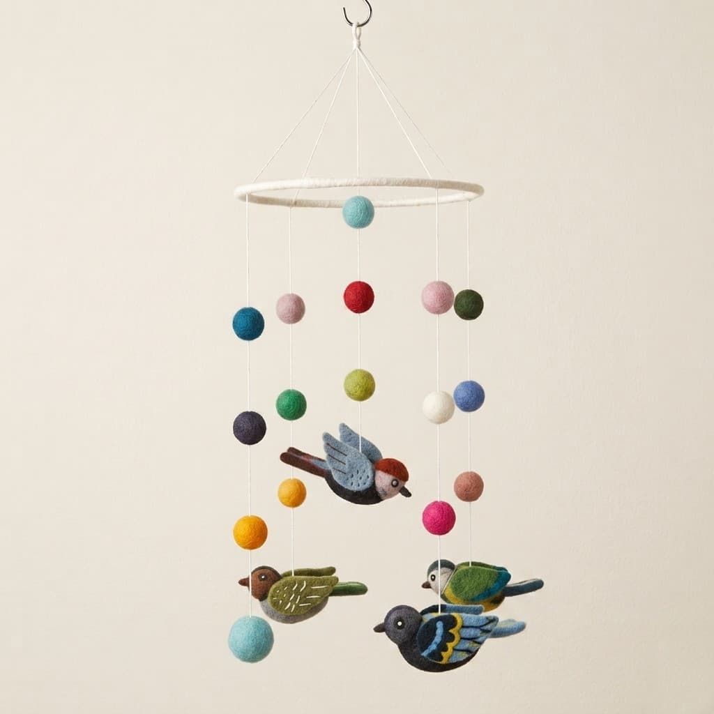 Bird Nursery Mobile with Colorful Felt Balls - Handmade Felt Product from Nepal
