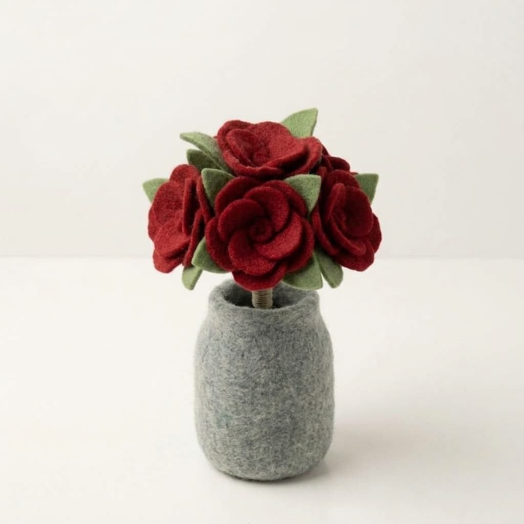 Felt Rose Bouquet in Wool Vase - Handmade Felt Product from Nepal
