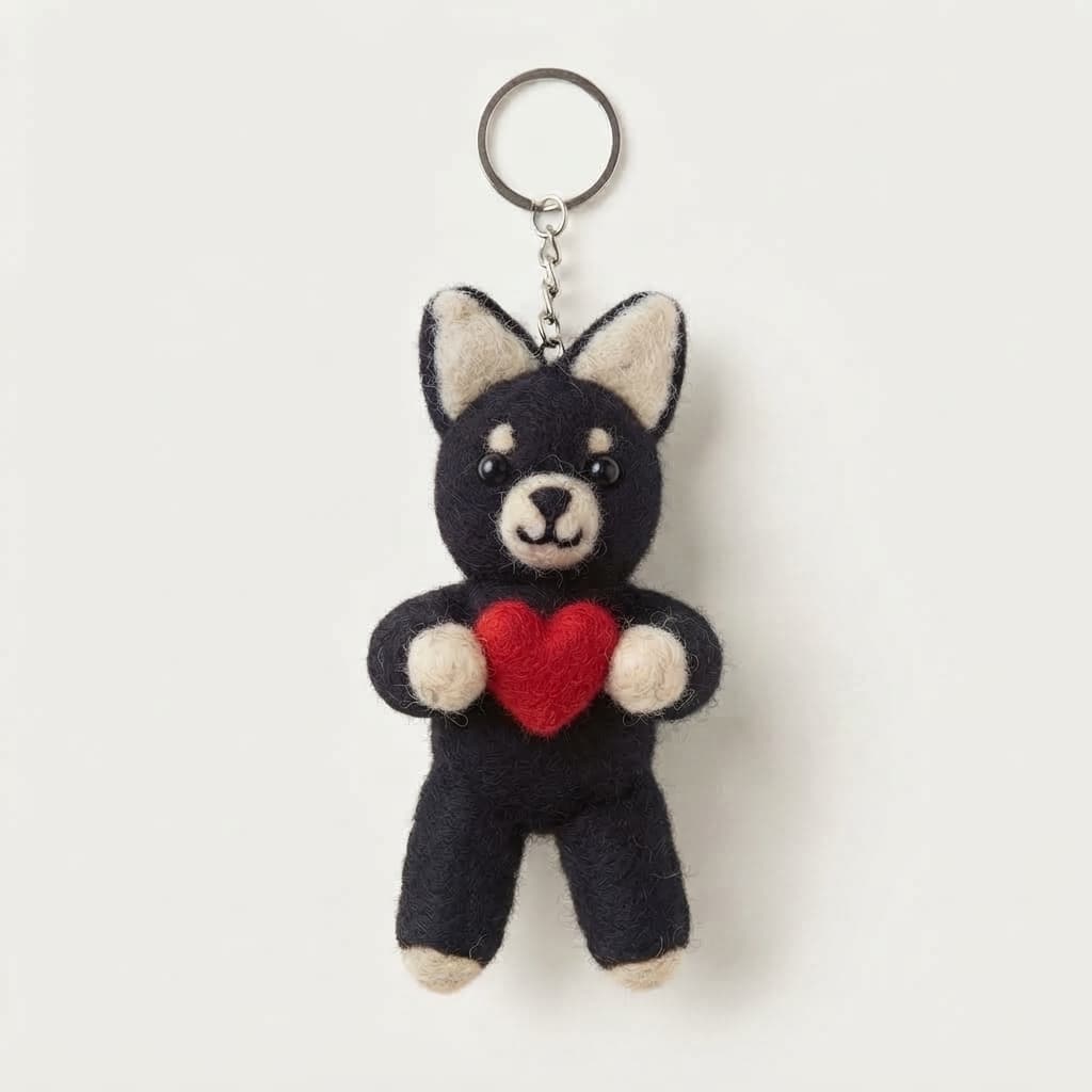 Valentine's Heart-Holding Black Puppy Keychain - Handmade Felt Product from Nepal