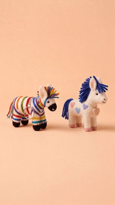 Handmade Felt White Pony with Blue Mane and Heart Detail