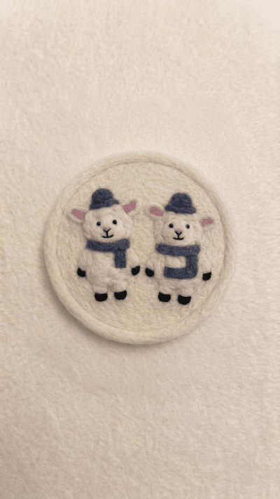 Handmade Felt Coaster with Twin Lambs in Winter Scarves