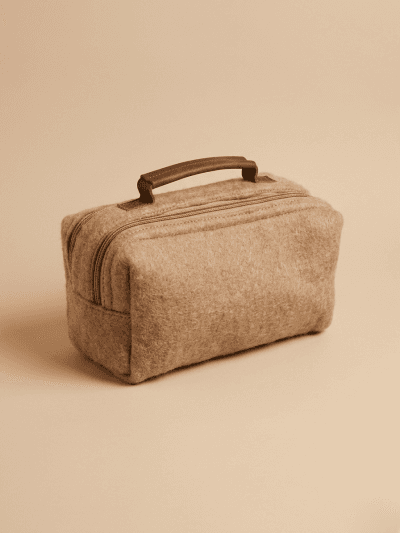 Double Zipper Felt Toiletry Bag with Leather Top Handle