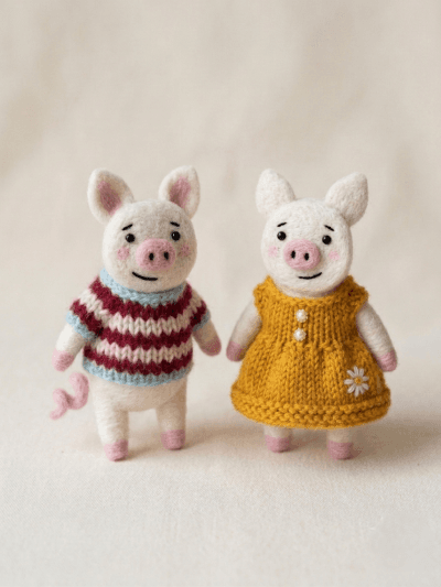 Felted Pig Figurines in Knit Outfits