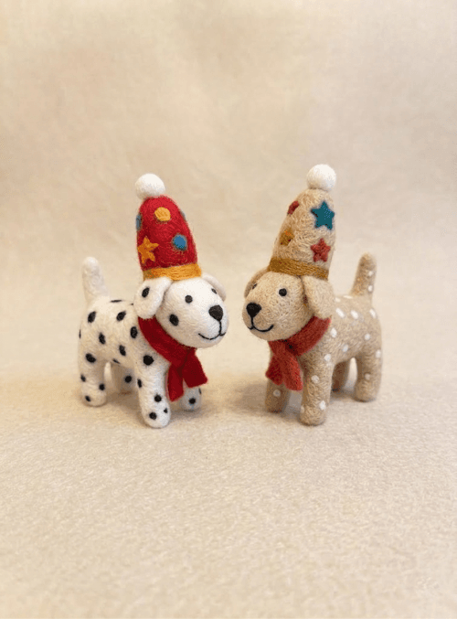 Hand-Felted Party Pups – Miniature Spotted Dogs with Party Hats