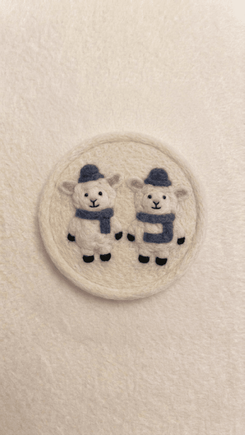 Handmade Felt Coaster with Twin Lambs in Winter Scarves