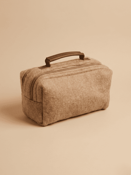 Double Zipper Felt Toiletry Bag with Leather Top Handle
