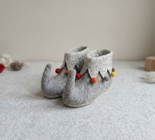 Felt Elf Slippers with Pom-Pom Trim